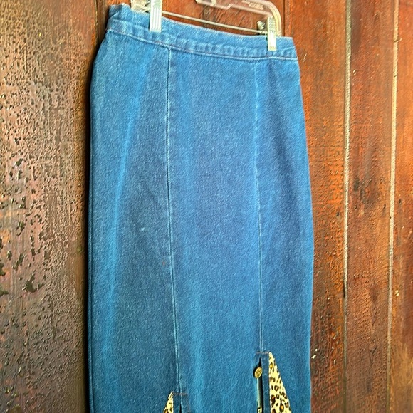 VTG 80s Denim & Leopard Print Maxi Skirt Double Slits Rockabilly Punk Sz Small - Picture 5 of 8